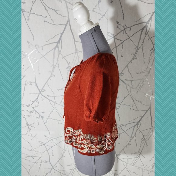 Edme & Esyllete Burnt Orange Wool Embroidered Short Peasant Blouse - Picture 3 of 5